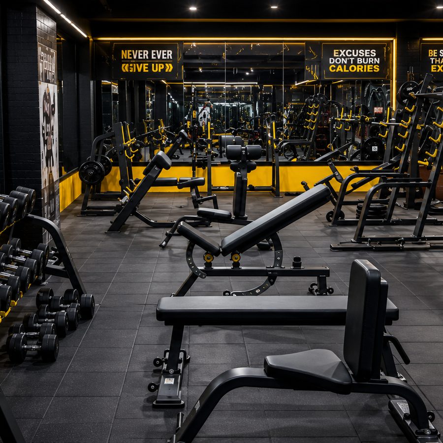 Dumbbell rack and benches on the main floor