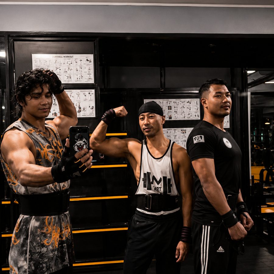 Members posing together inside the gym