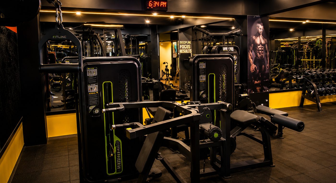 Leg press machines with a bodybuilding motivational poster