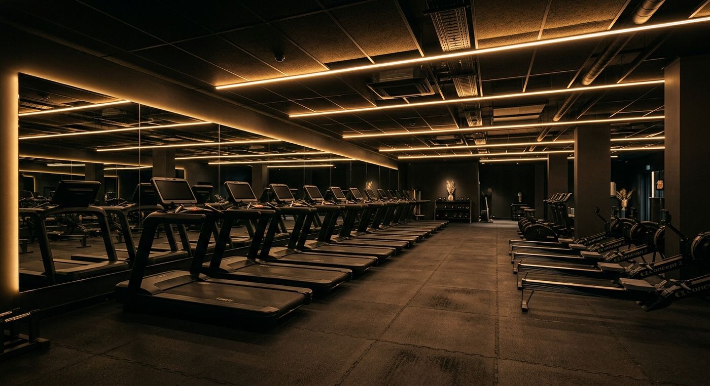 Cardio training area with treadmills and rowing machines