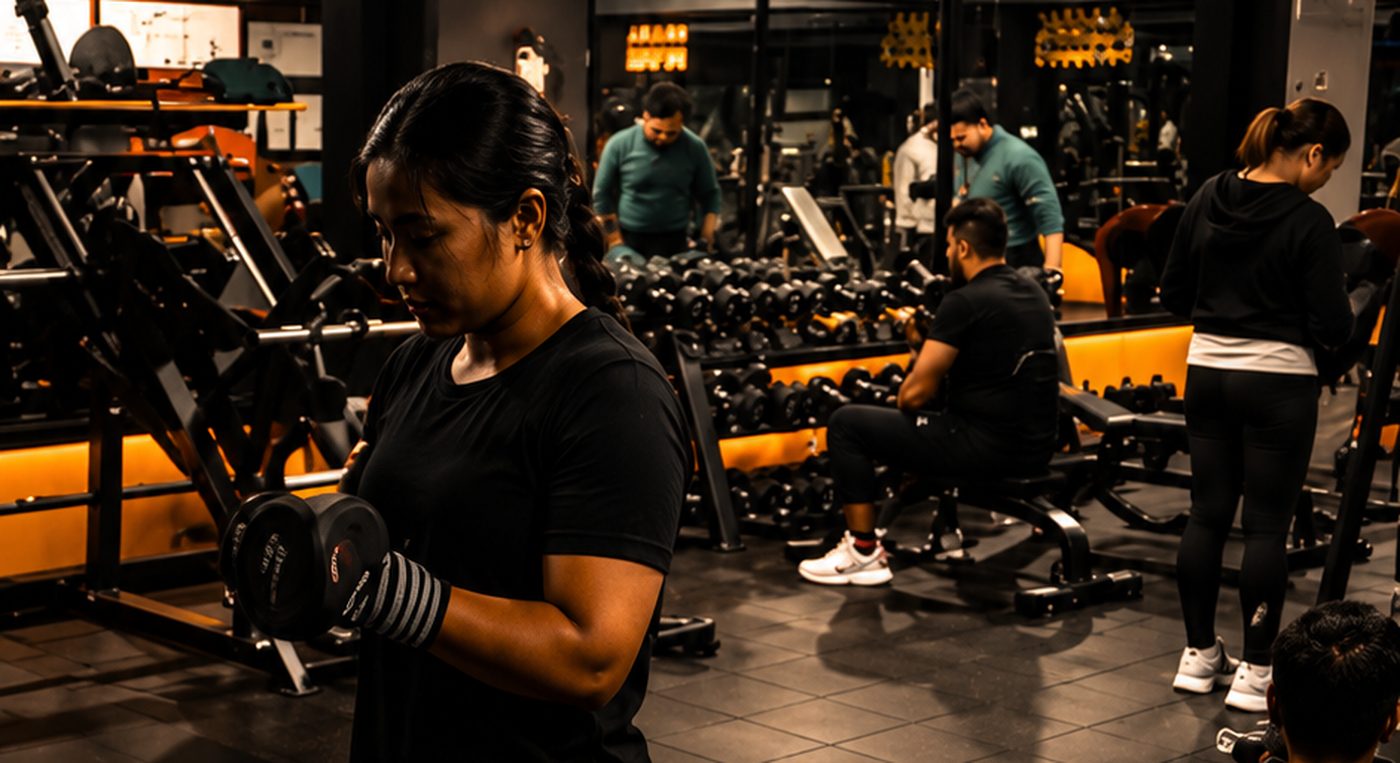 A member training with dumbbells on the gym floor
