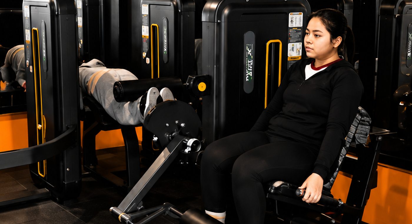 A member training one on one on a leg extension machine