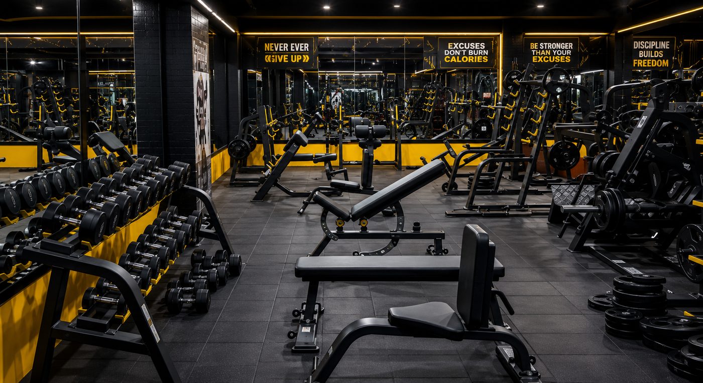 Dumbbell rack and weight bench area at Metal Fitness Centre